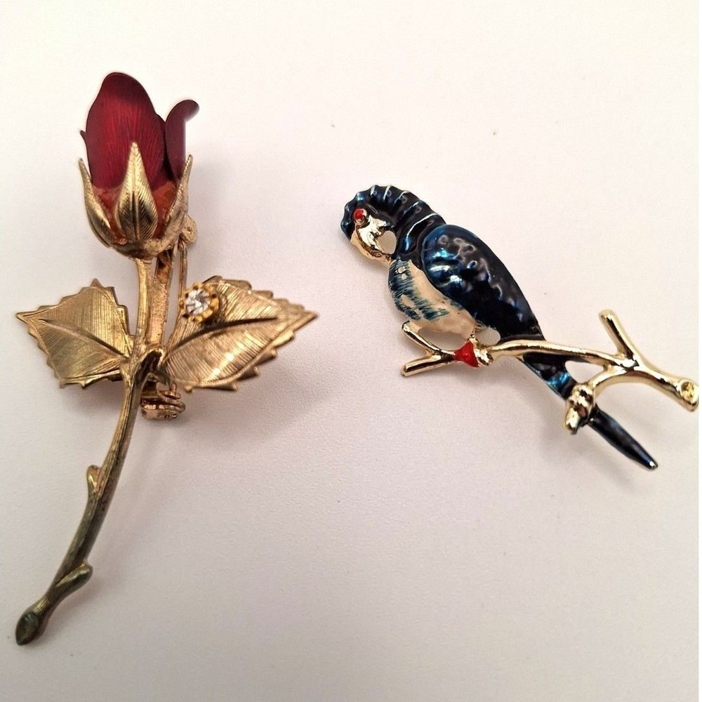 Vintage rose parrot brooch pin set enamel gold tone